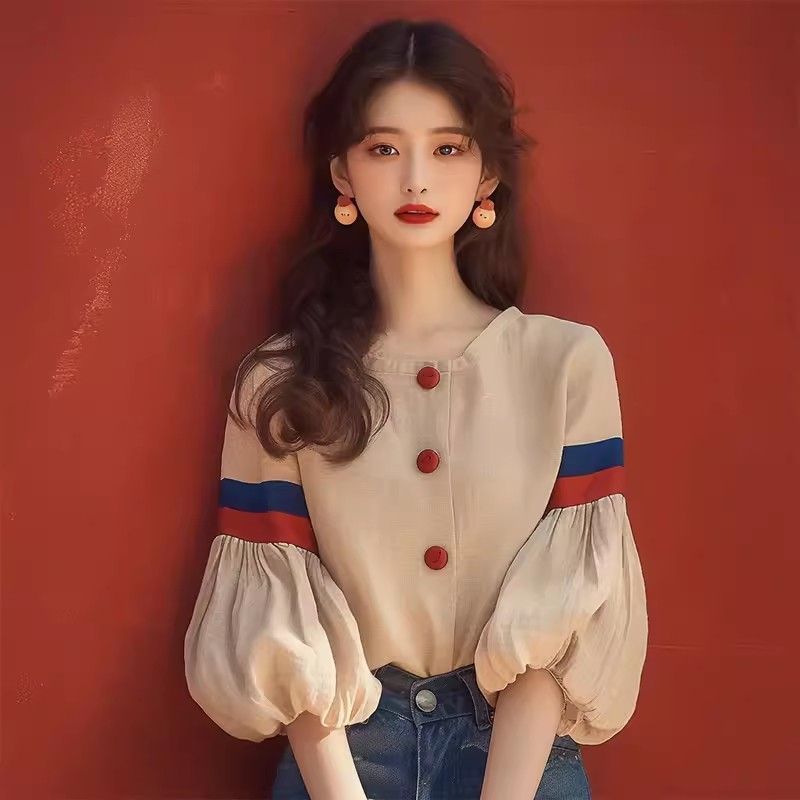 2024早秋新款法式小众设计感独特超好看洋气减龄杏色灯笼袖衬衫女