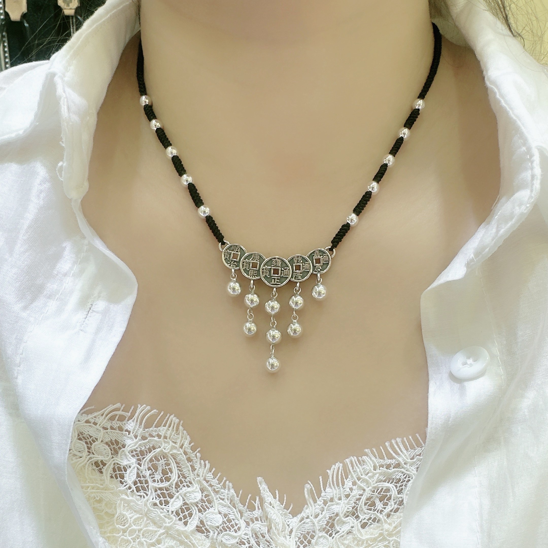 吊坠925银 纯银百搭五帝钱吊坠手工精编女流苏钱币复古黑绳项链