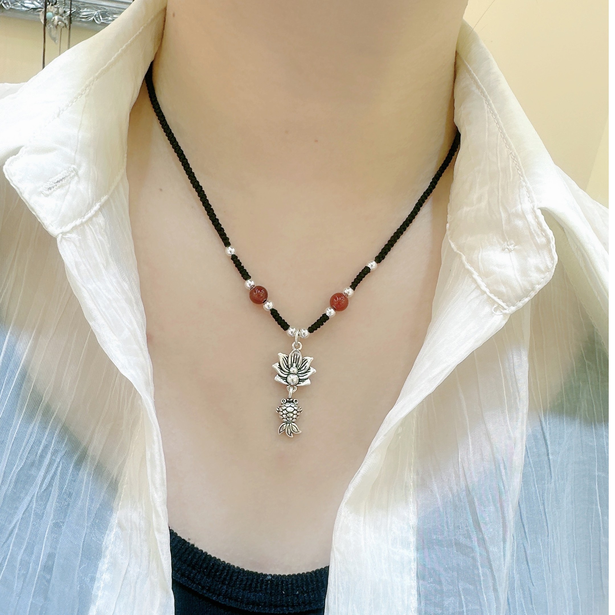 吊坠925银 纯银时尚复古精致百搭手工编织做旧莲花鱼款吊坠女项链