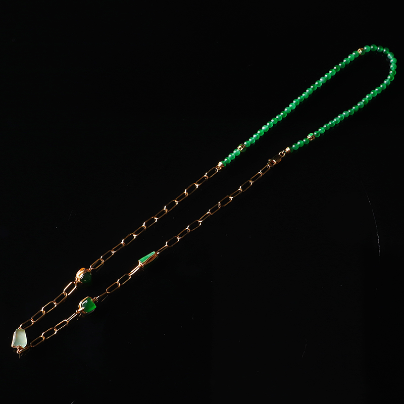 名玉艺术 天然缅甸翡翠 18K金镶嵌冰种阳绿小米珠 颈链手链两用款