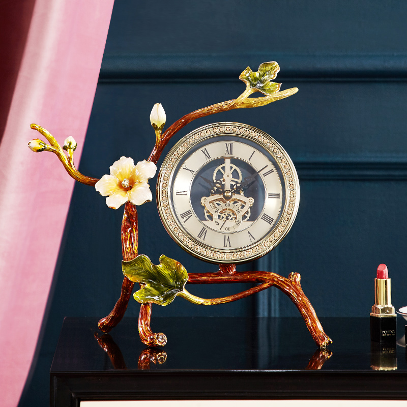 和风流韵轻奢风珐琅彩座钟客厅透视齿轮坐钟静音台钟创意酒柜摆件