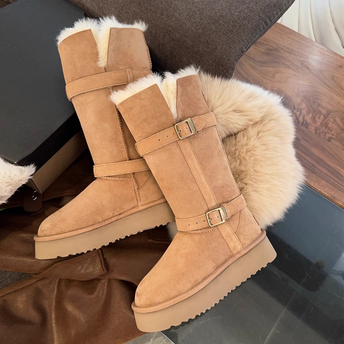 厚底高筒骑士雪地靴女款2024新款冬季羊皮毛一体东北长靴子保暖靴