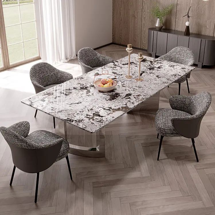 【雪山飞狐】天然奢石大理石圆餐桌轻奢现代大别墅大户型设计师高端