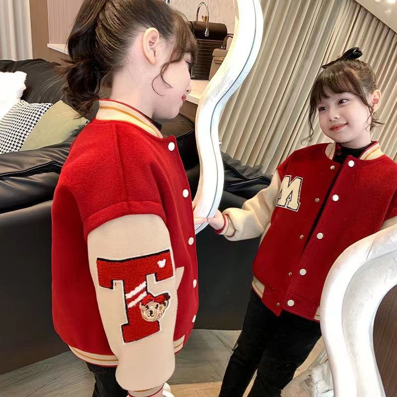 女童棒球服中大儿童加绒保暖外套冬装2023新款洋气女孩韩版红色