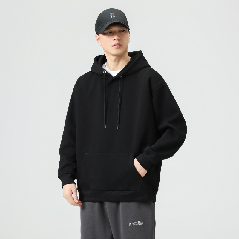 胖哈哈大码男装秋季连帽卫衣男简约宽松百搭纯色休闲上衣外套