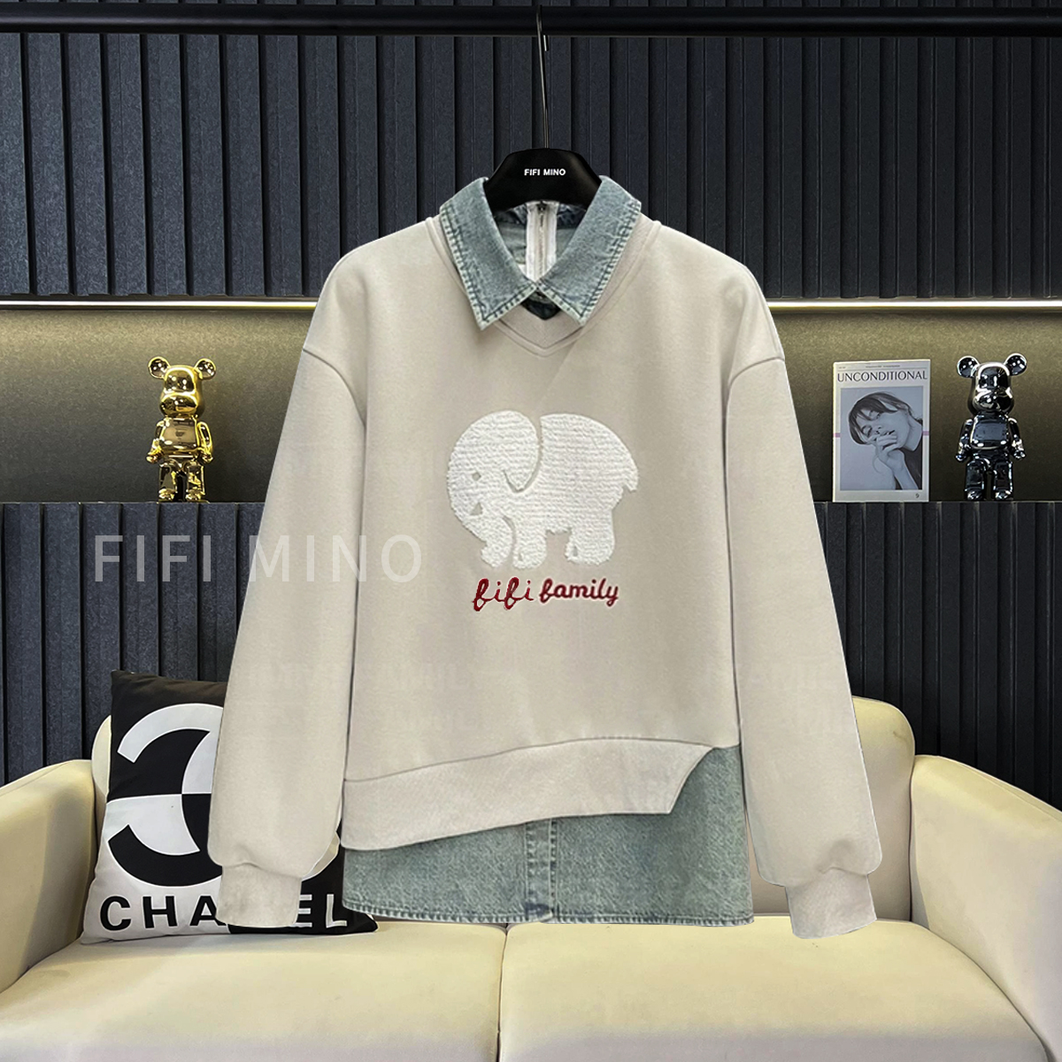FIFI MINO 【港风】大象秋冬款拼接假两件时尚潮流女内搭衬衫卫衣