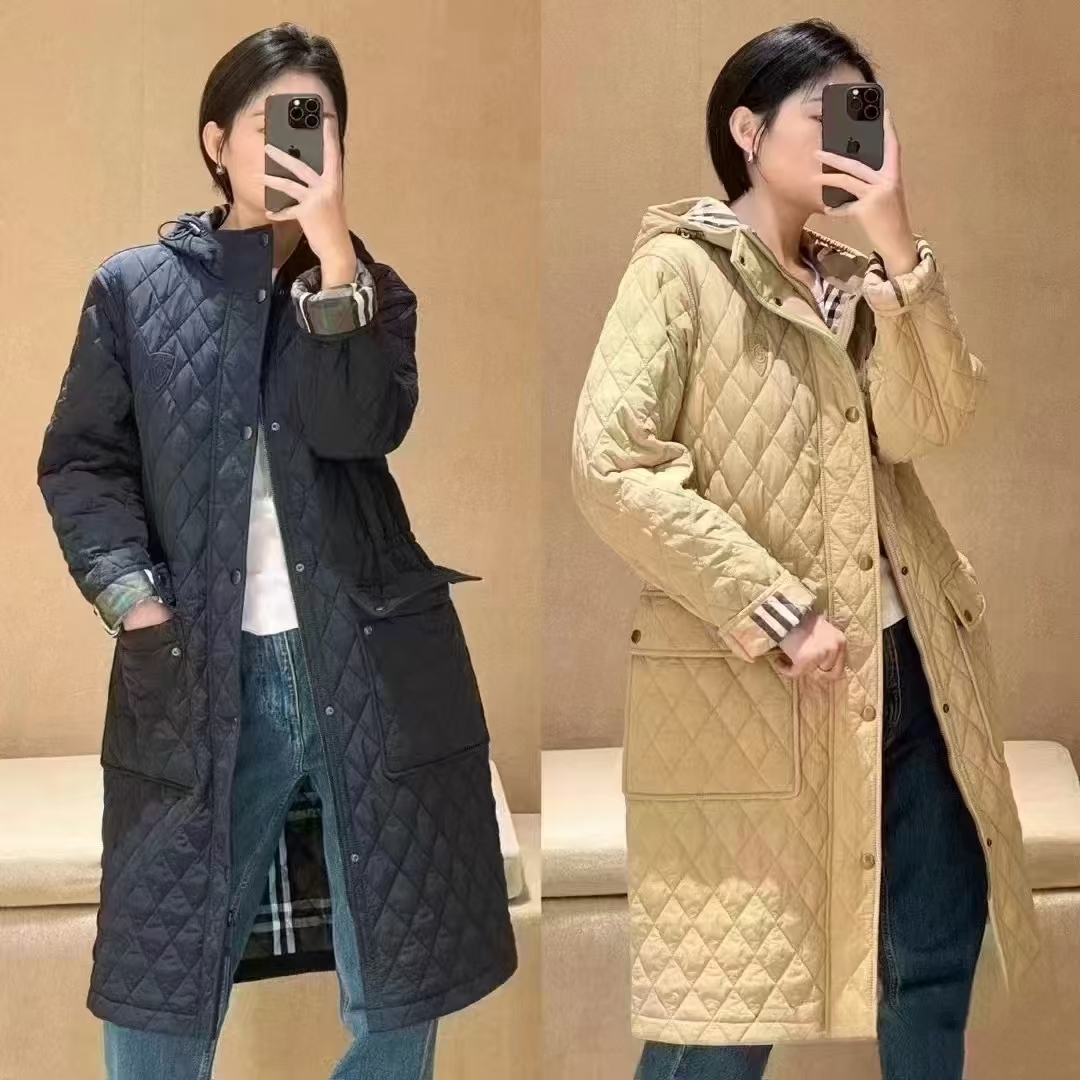菱形格口袋收腰长款棉服女棉衣外套 ZJ01
