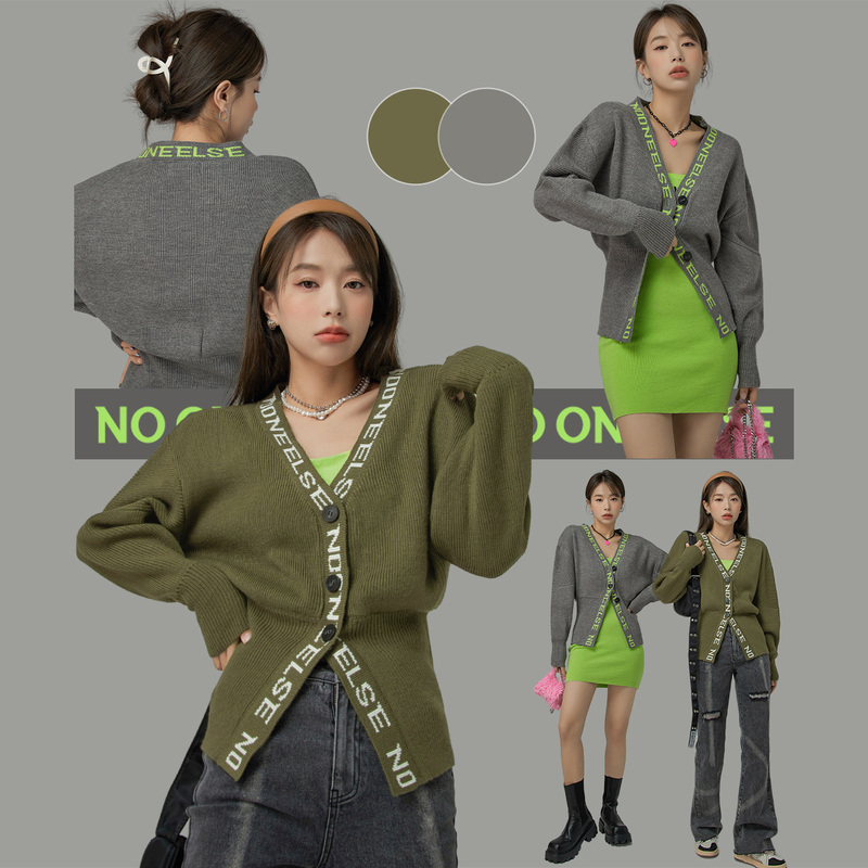 NO ONE ELSE美式复古女装v领宽松秋季小个子长袖个性收腰针织外套