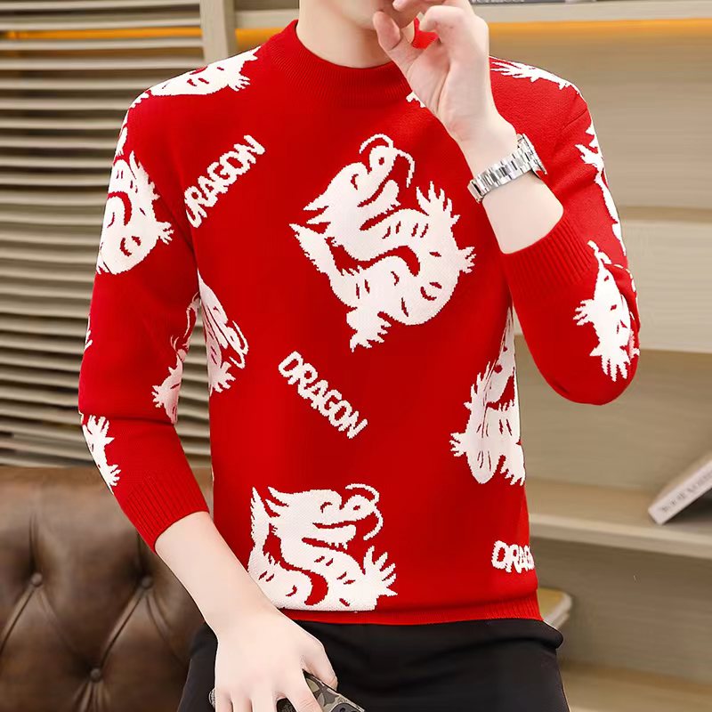 2024新款男士保暖红色潮流长袖秋冬喜庆龙年大红色提花休闲毛衣