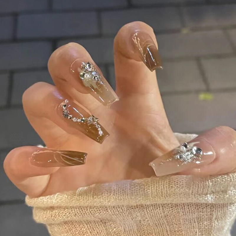 禅意茶棕穿戴甲显白指甲贴片满钻美甲片半手工假指甲高级美甲贴片
