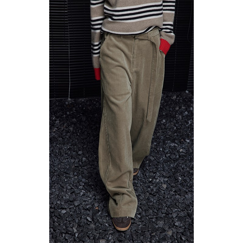 moment灰绿色灯芯绒阔腿裤女2025新款春秋季宽松垂感直筒休闲显瘦