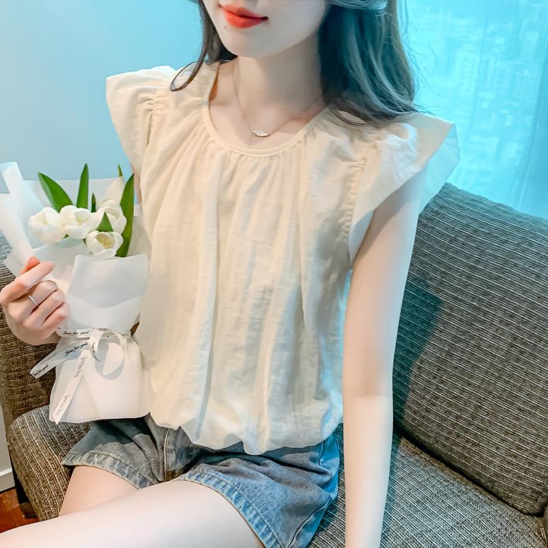 法式无袖雪纺衬衫女夏季宽松设计感褶皱洋气减龄小飞袖娃娃衫上衣