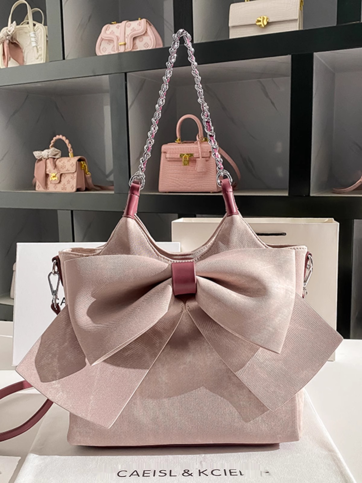 CAEISL&KCIEL小众高级感烟熏粉蝴蝶结大容量托特包包女单肩腋下包