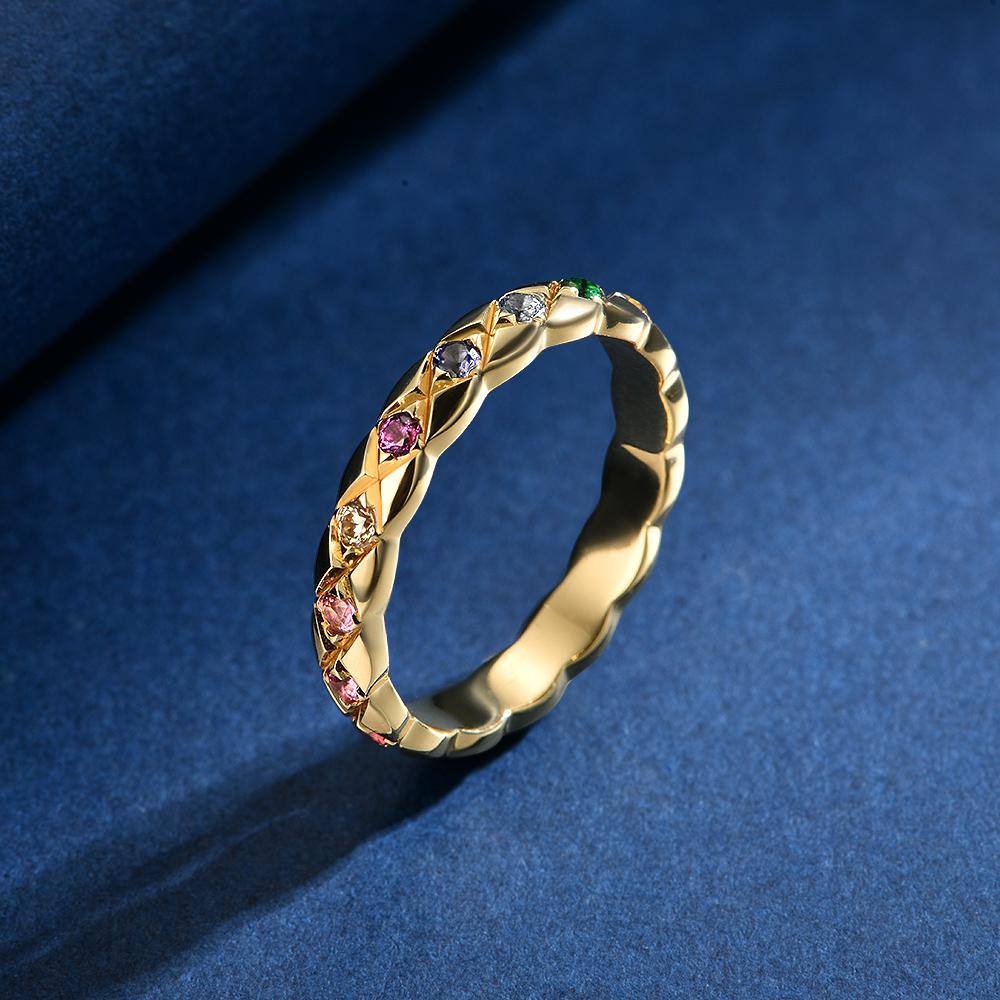 培育蓝宝石R4356【菱格纹】镶嵌圆形彩色撞色时尚奢华排戒戒指5-9#