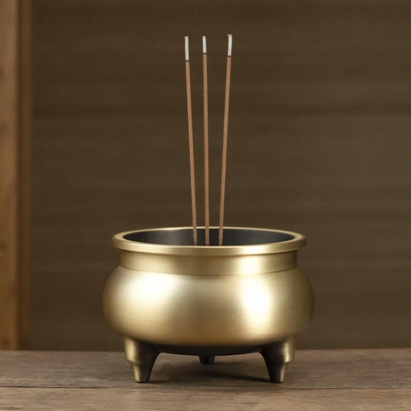 黄铜《三足圆口香炉》家用点香炉室内线香插香檀香炉茶道三足炉