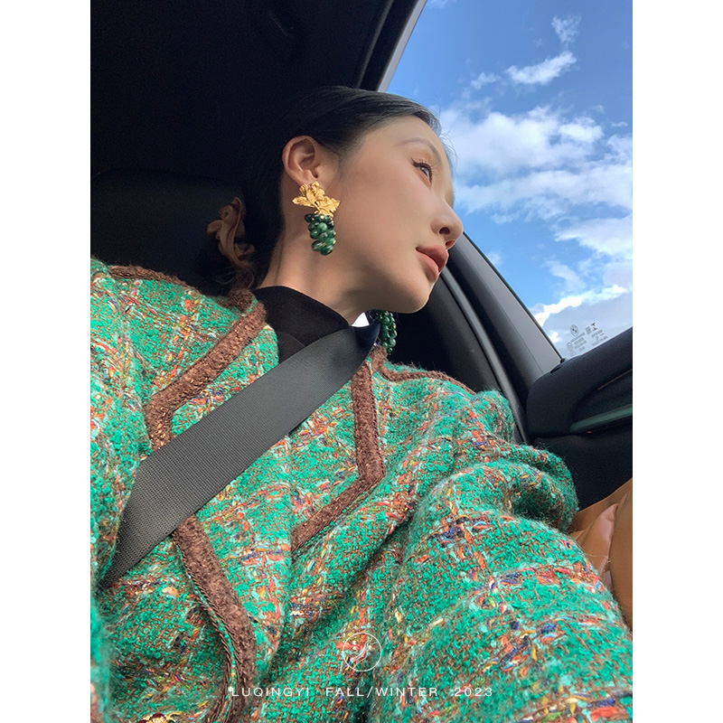 非金属玻璃耳饰 鹭青一 绿宝石耳坠女枫叶设计复古耳饰LA2309001