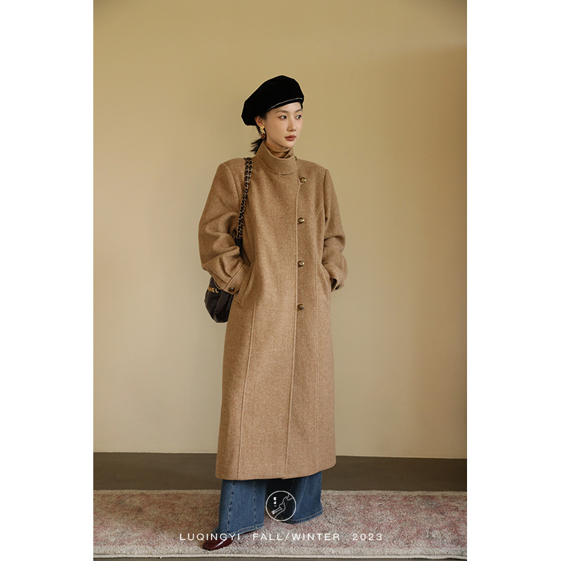 鹭青一原创【晚杏】大衣女秋冬立领复古毛呢外套穿搭L23W1695H