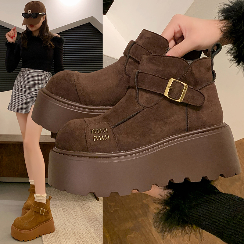 厚底7cm增高百搭松糕底雪地靴24冬季新款内里加绒保暖皮带扣短靴