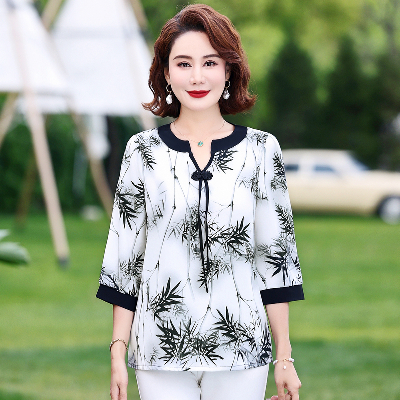 【丽姐家】夏季新款妈妈装时尚洋气印花显瘦中老年薄款上衣