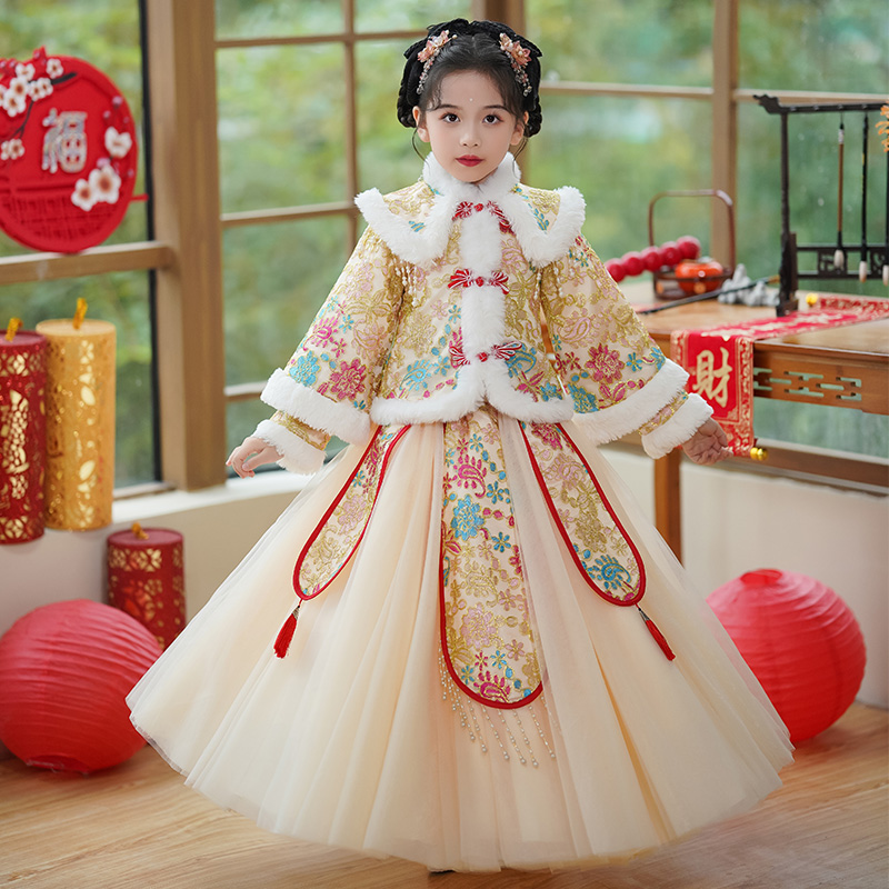儿童汉服女冬季加厚古装拜年服2025新款女童古风冬装公主裙子秋冬