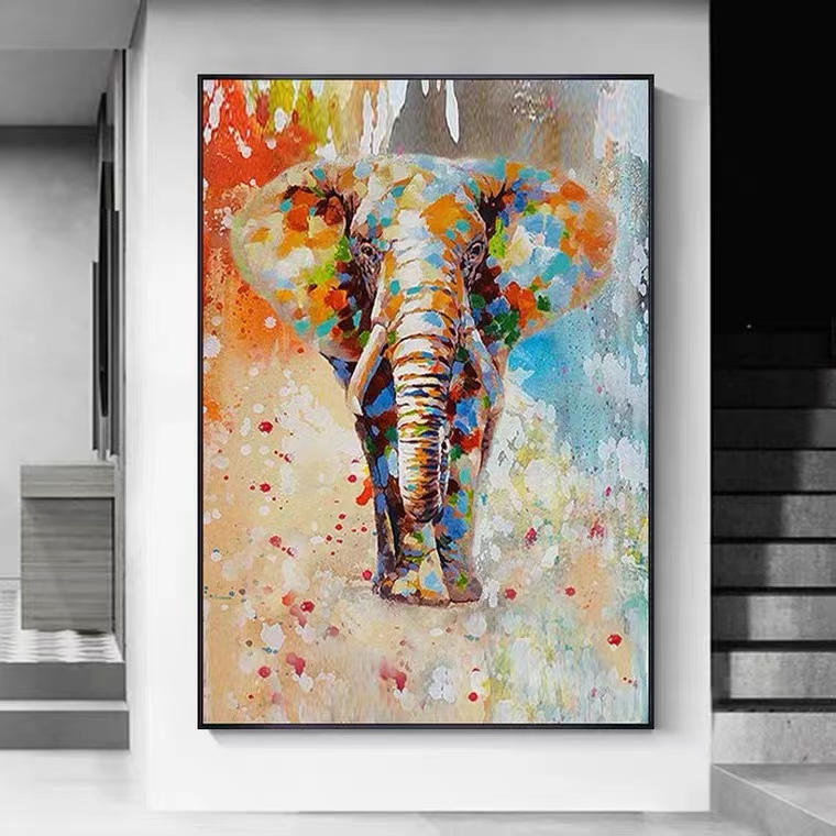 动物大象 时尚现代百搭砂岩装饰画肌理感高级感玄关画带画框竖款