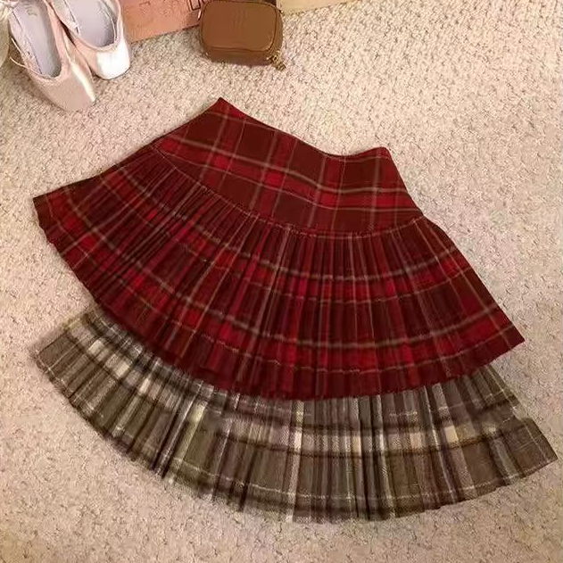 复古格子毛呢半身裙女秋冬防走光百褶裙高腰裙子百搭半裙a字短裙