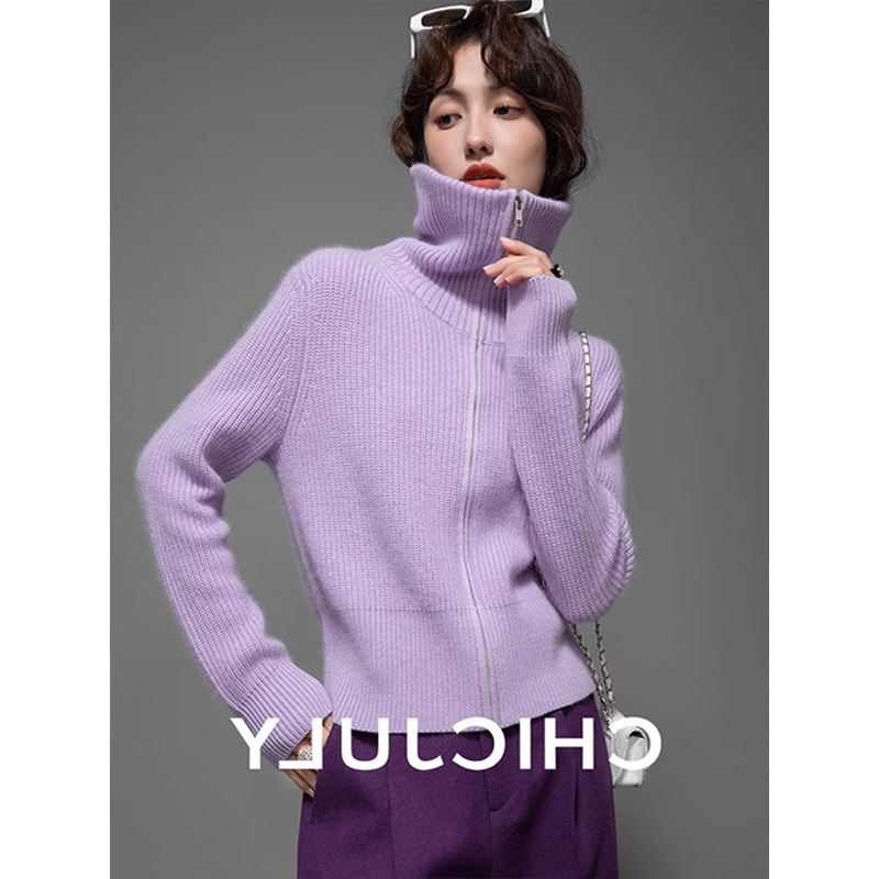 紫色高领拉链毛衣开衫女外搭秋冬高级气质软糯大翻领短款针织外套