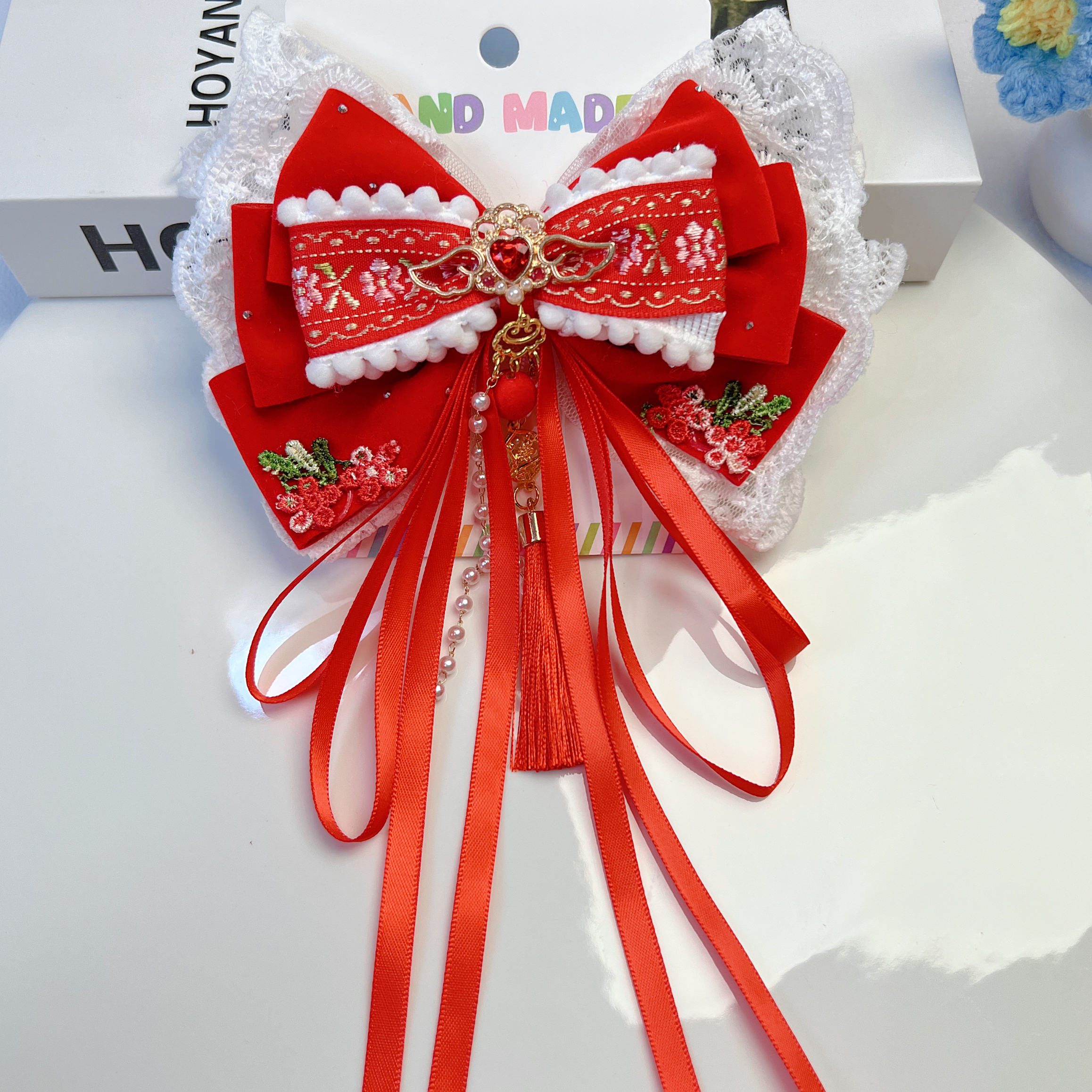 新款女童红色蝴蝶结发夹古风新年头饰
