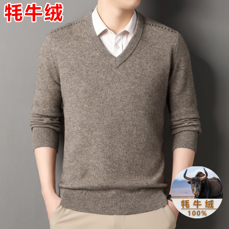 纯牦牛绒衫男v领鸡心领冬季加厚保暖高档休闲中年休闲男士针织衫