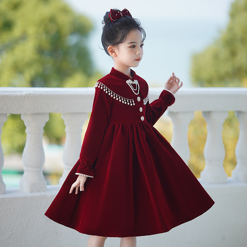 女童高端礼服儿童公主新款2023生日加厚红色连衣裙冬季裙子秋冬