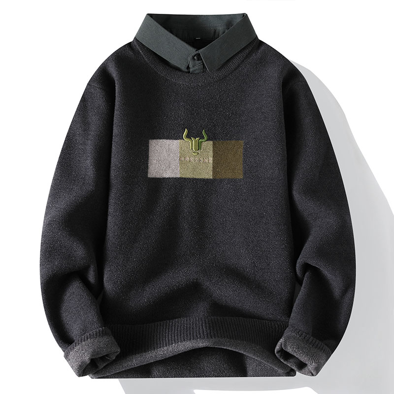 新秋冬加厚假两件毛衣男衬衫领针织衫男士学生加绒半高领保暖套头