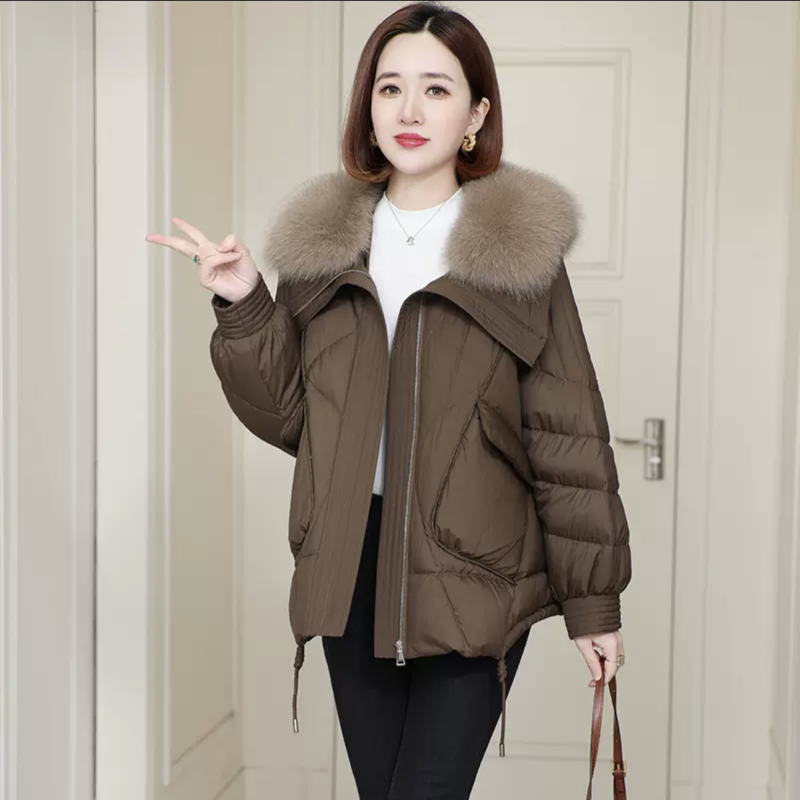 羽绒服外套女短款冬季新款宽松外套时尚气质狐狸毛领皮草大衣加厚
