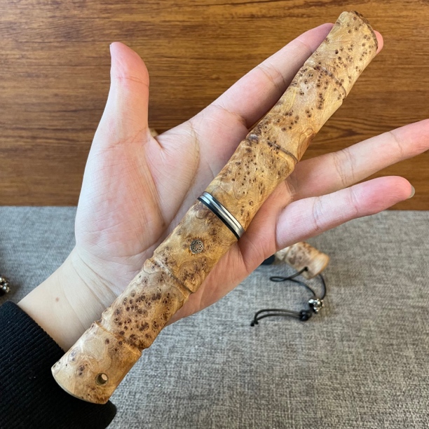 （太行料）太行火焰纹崖柏木手工锻打进口大马士革钢多功能吃肉小刀