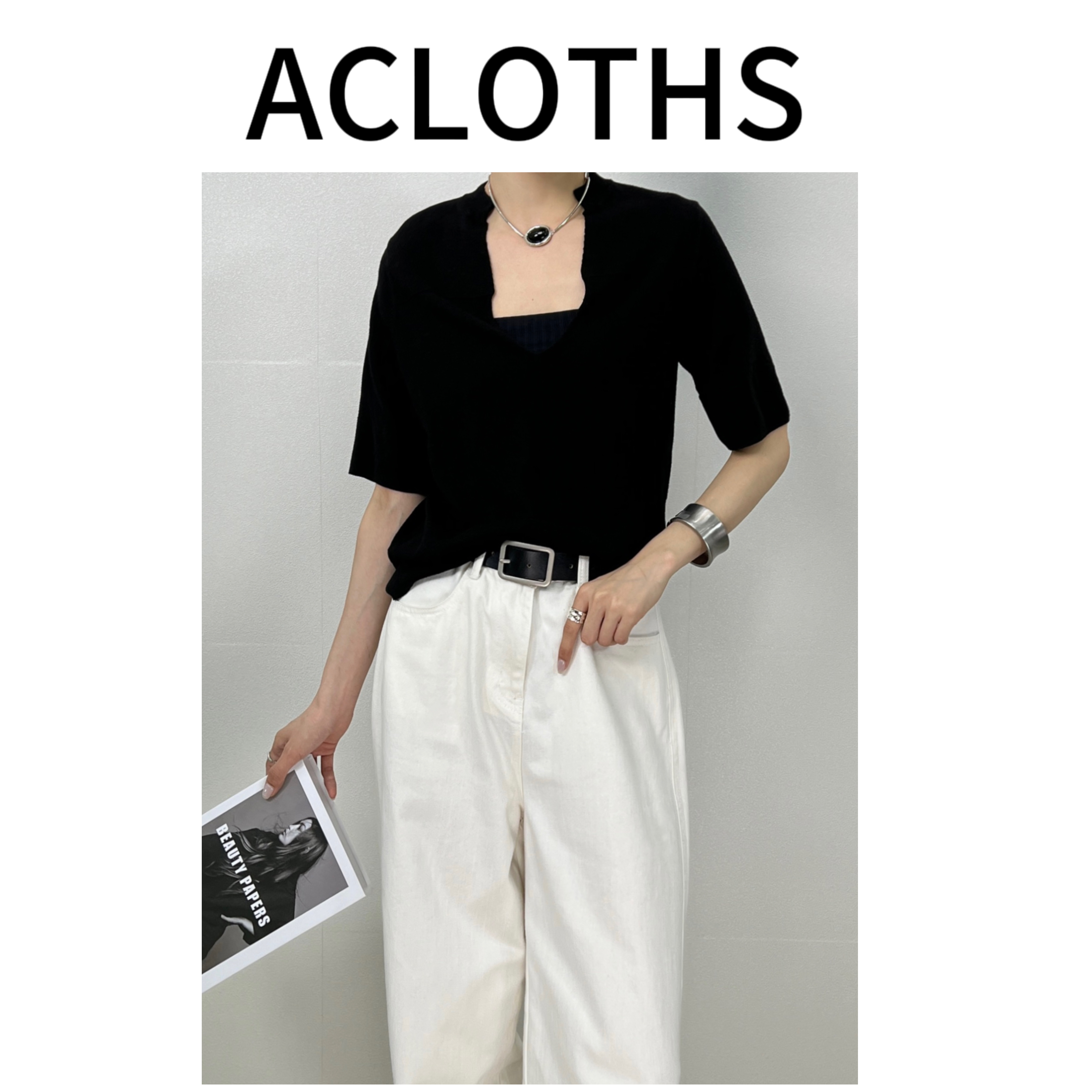 ACLOTHS【简调】新款夏季气质弹力羊毛针织V领短袖纯色显瘦百搭上衣
