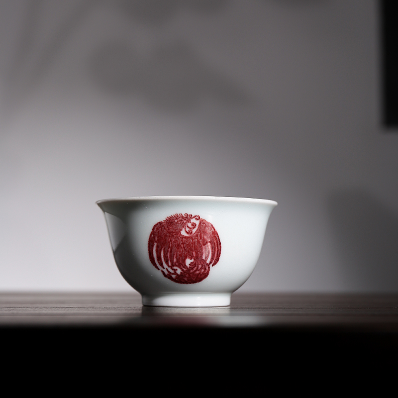 逐青堂景德镇陶瓷釉里红团龙团凤正德杯全手工手绘主人杯原矿高温