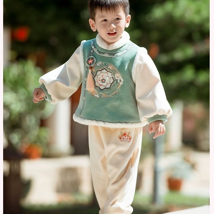 巴拉甄选男童汉服冬季加绒加厚拜年服套装儿童中国风保暖唐装宝宝