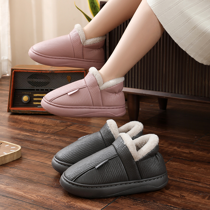 棉拖鞋女款厚底男士老人防滑家居包跟皮面防水外穿冬季带后跟棉鞋