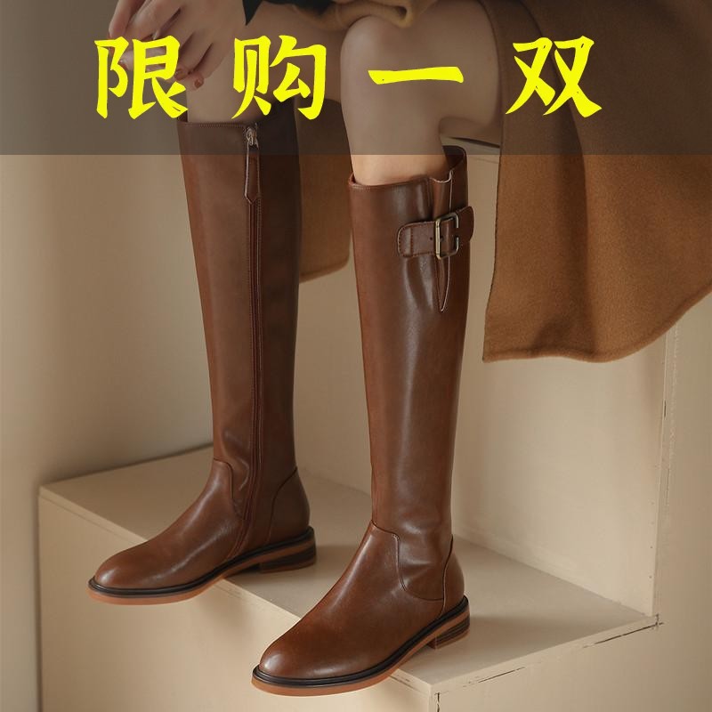 百丽纯爱全真皮棕色长筒骑士靴2023秋冬加绒不过膝高筒靴女平底