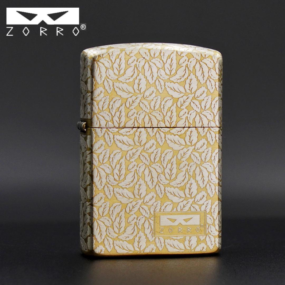 佐罗二代机叶子包银双色1046A煤油火机黄铜双面磨砂唐草花老式