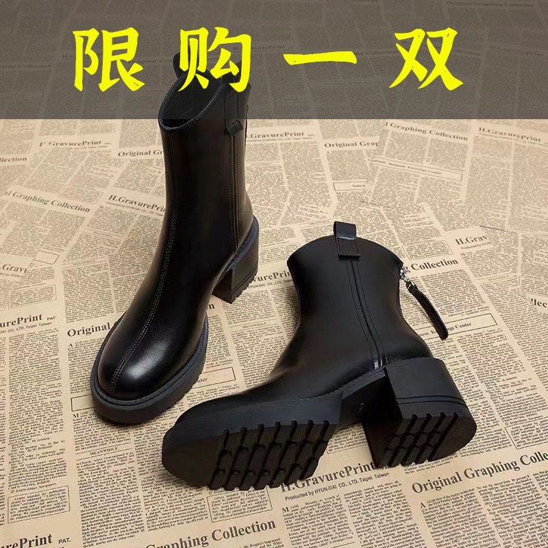 百丽纯爱厚底粗跟短靴女马丁靴2023秋冬新款韩版百搭奶茶色高跟