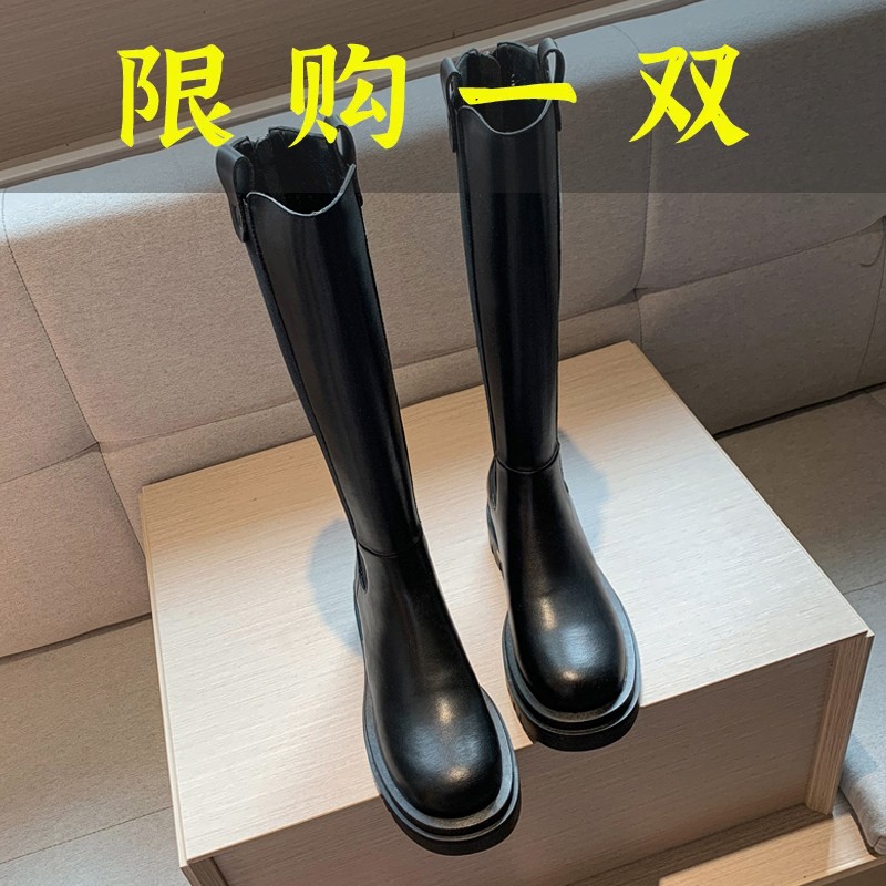 百丽纯爱真皮长靴女不过膝2023新款秋冬高筒骑士靴厚底小个子显