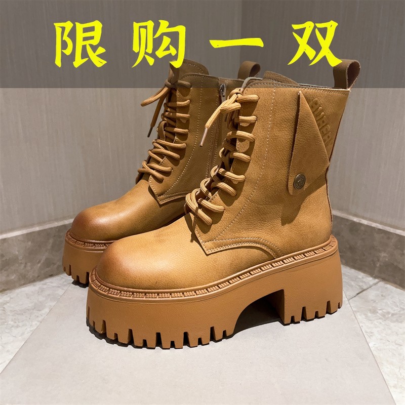 百丽纯爱马丁靴女2023年真皮厚底松糕机车靴短筒靴工装靴大黄靴