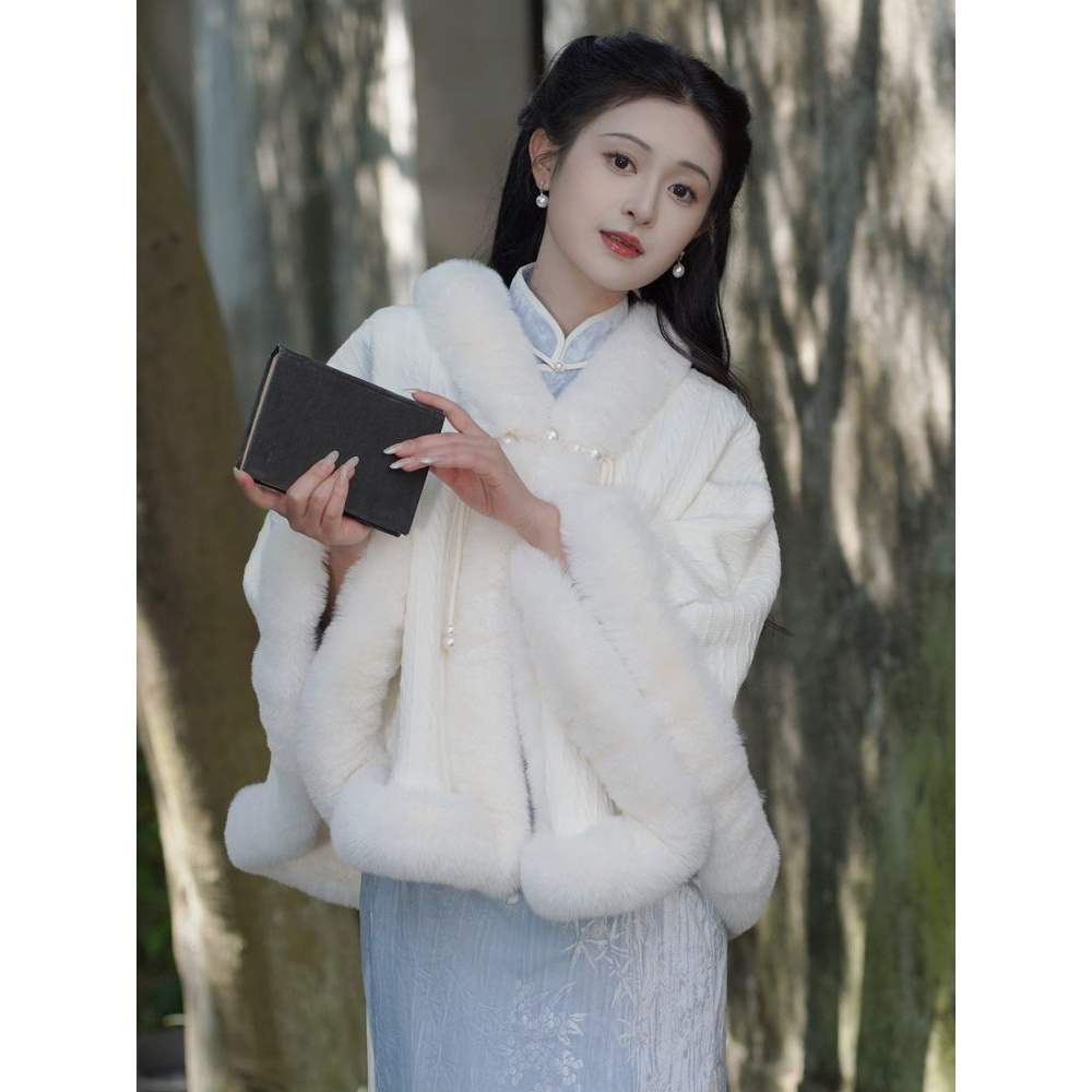 温柔仙女加绒加厚斗篷披肩配旗袍秋冬保暖仿獭兔毛皮草外套开衫