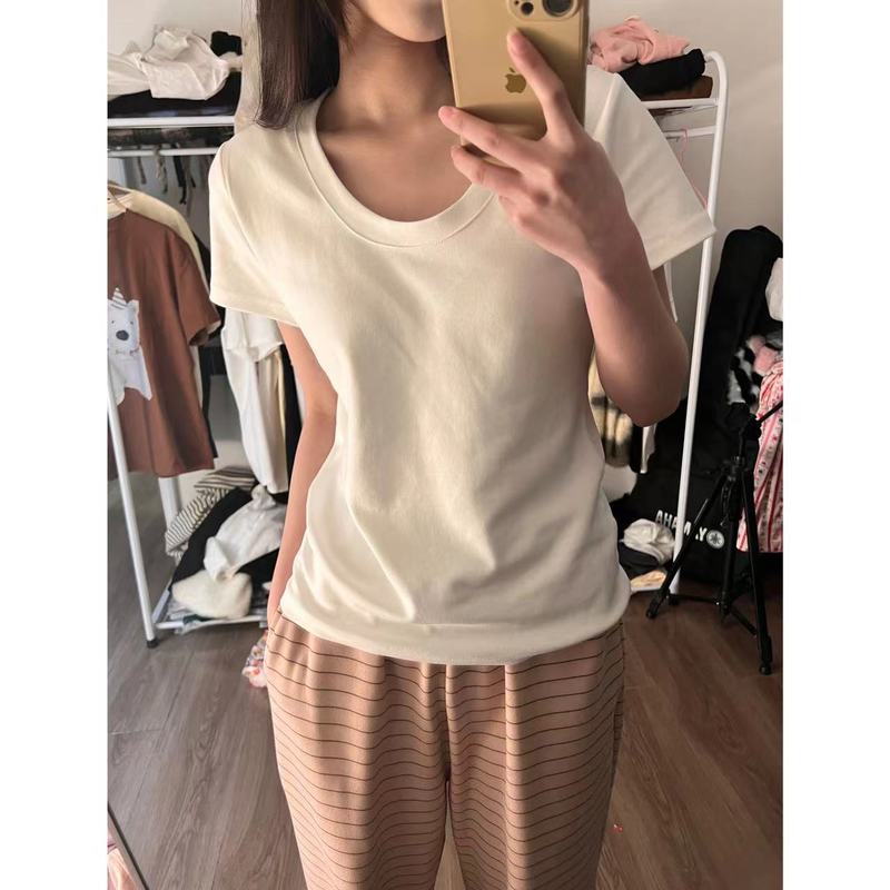 亦声正肩短袖u领t恤女装夏季2023修身低圆领基础款上衣显瘦百搭