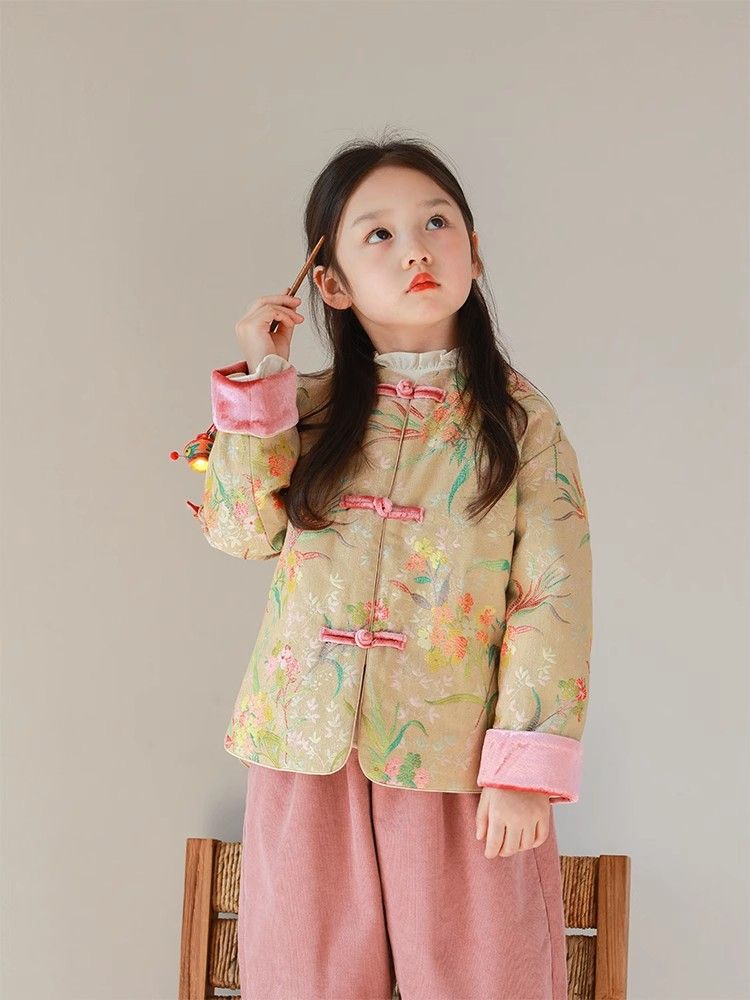 女童新中式碎花唐装夹棉外套2023新款公主风旗袍短款汉服加绒裤子
