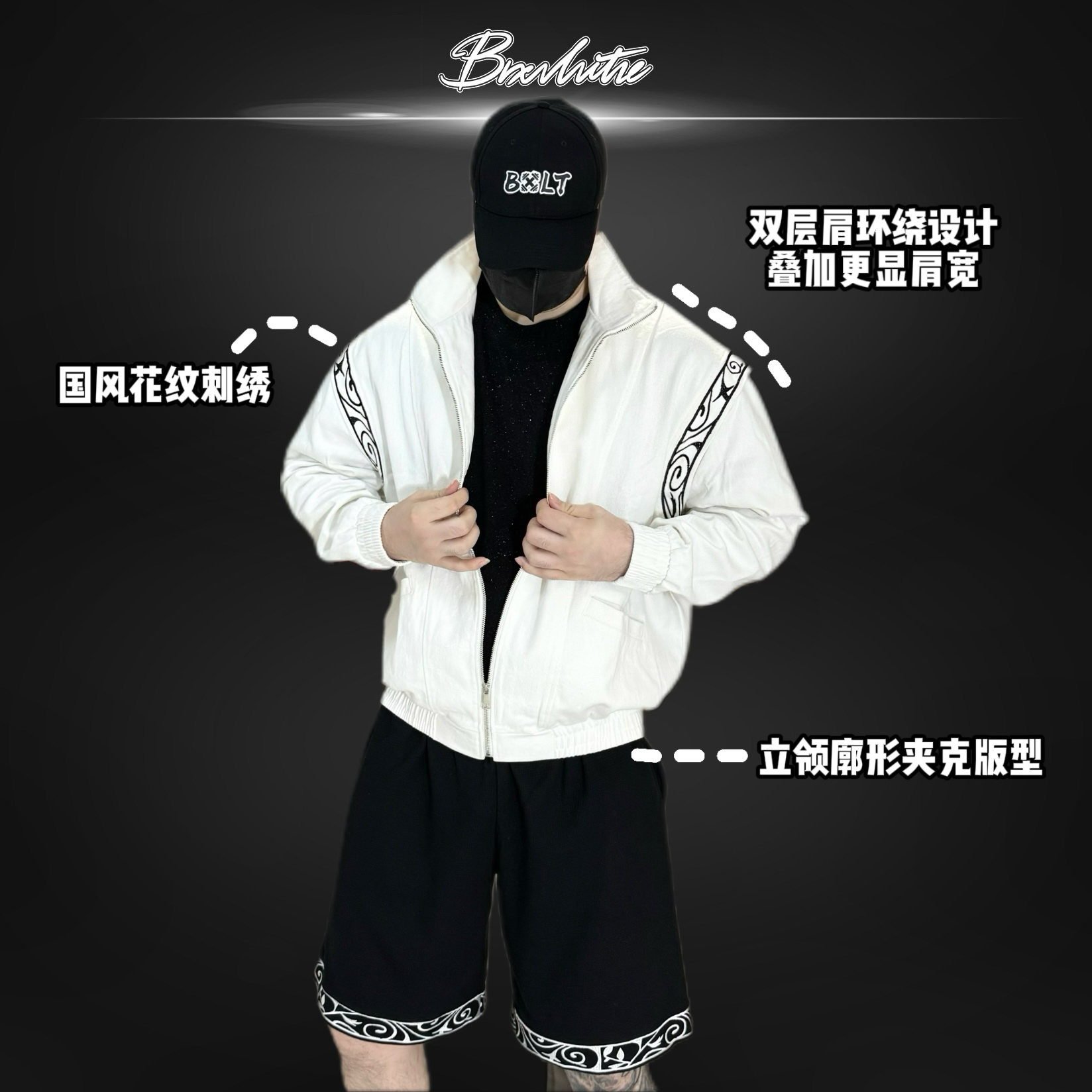 BXLT立领水洗国潮花纹刺绣牛仔夹克外套