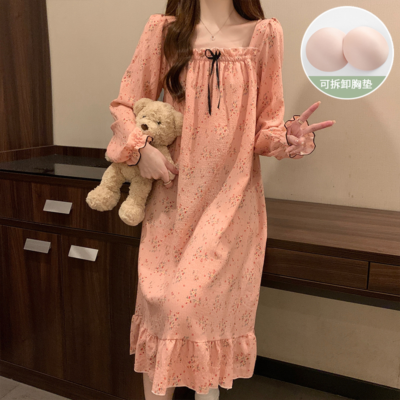 睡裙女春秋季带胸垫长袖红花睡衣夏天女士2023新款甜美休闲家居服