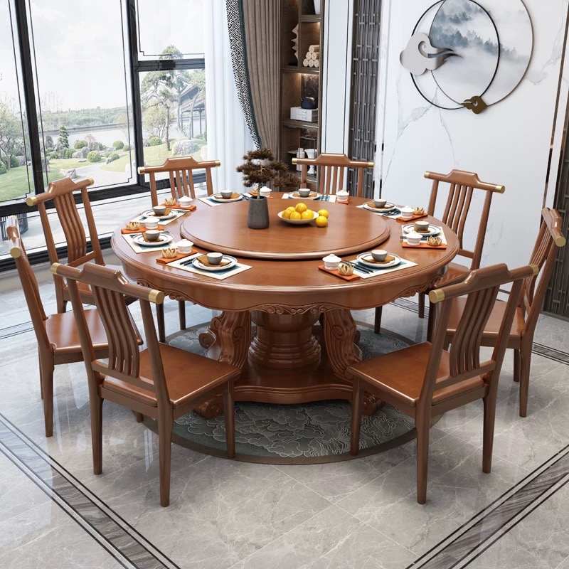 新中式餐桌椅组合家用圆形餐桌带转盘实木大圆桌吃饭桌子实木餐桌