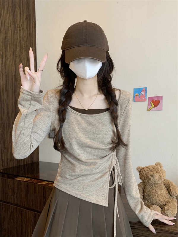 【娜娜】 秋季韩版甜美修身设计感撞色假两件显瘦抽绳开衩上衣