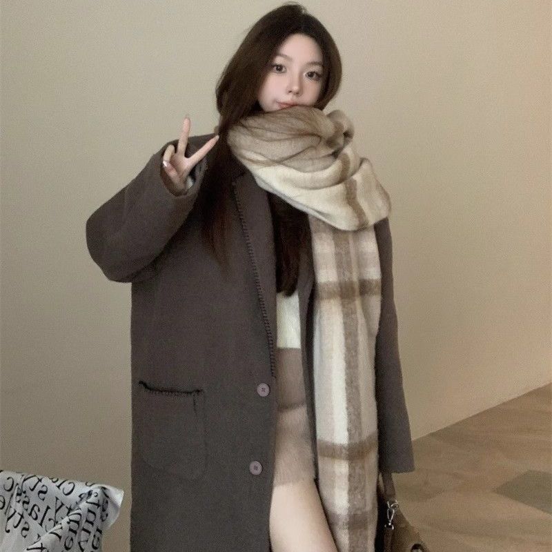 韩系复古学生围脖加厚保暖女装秋冬款防寒高级洋气格子围巾仿羊绒
